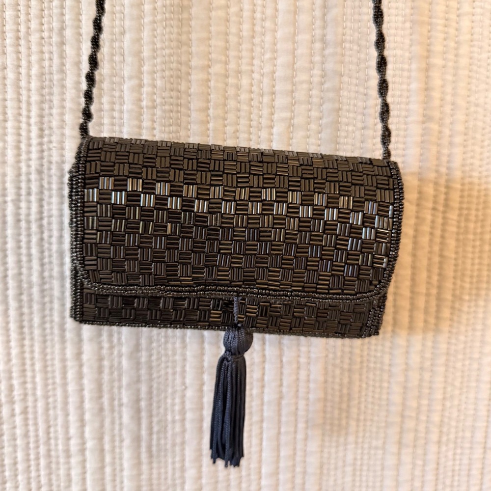 Handmade Vintage Black Beaded Tassel Crossbody Evening Bag Basketweave Clutch‎